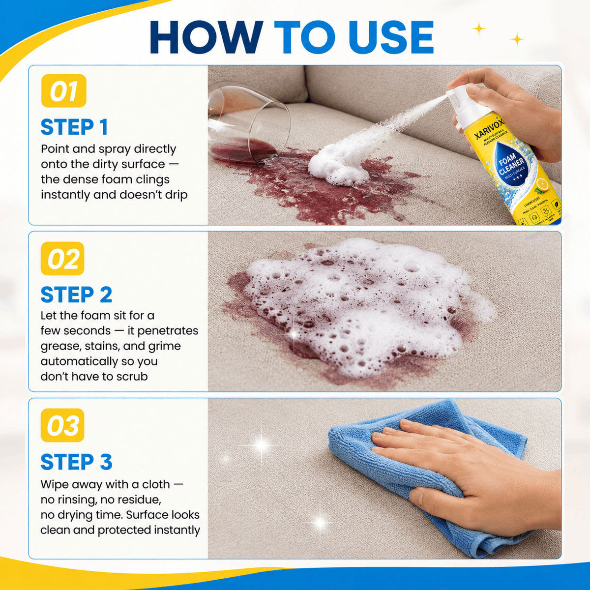 Foam No-Rinse Cleaner — One Foam, More Surfaces for Tough Stains, Sofas, Carpets, Upholstery & Car Interiors