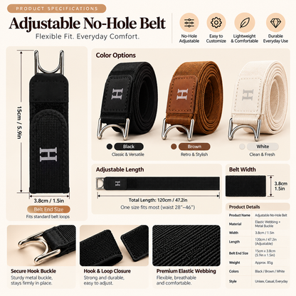 🎁Adjustable No-Buckle Elastic Belt with Metal Hook — Stretch Fit for Men & Women