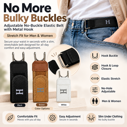 🔥 No More Bulky Buckles | Adjustable No-Buckle Elastic Belt with Metal Hook — Stretch Fit for Men & Women