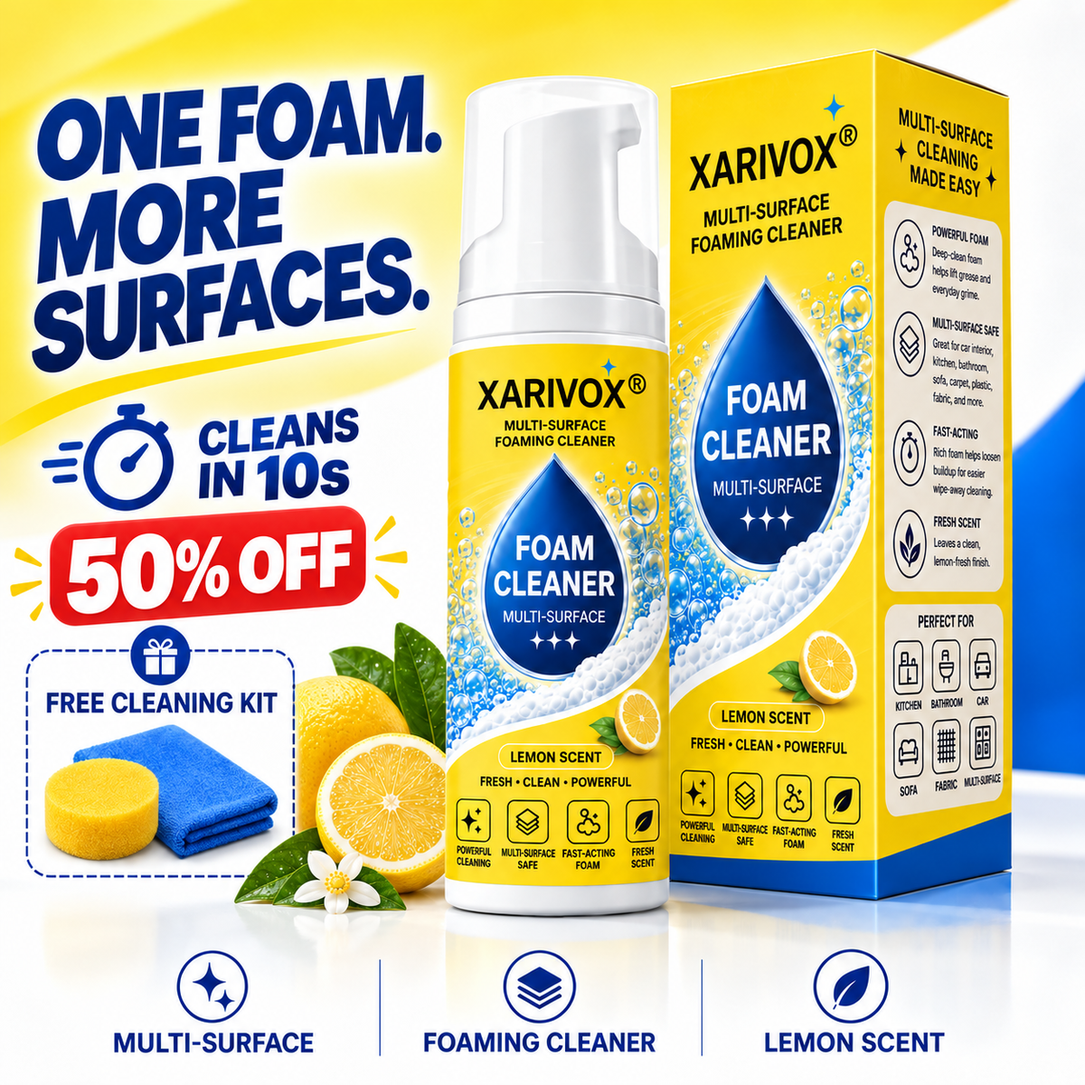 Foam No-Rinse Cleaner — One Foam, More Surfaces for Tough Stains, Sofas, Carpets, Upholstery & Car Interiors