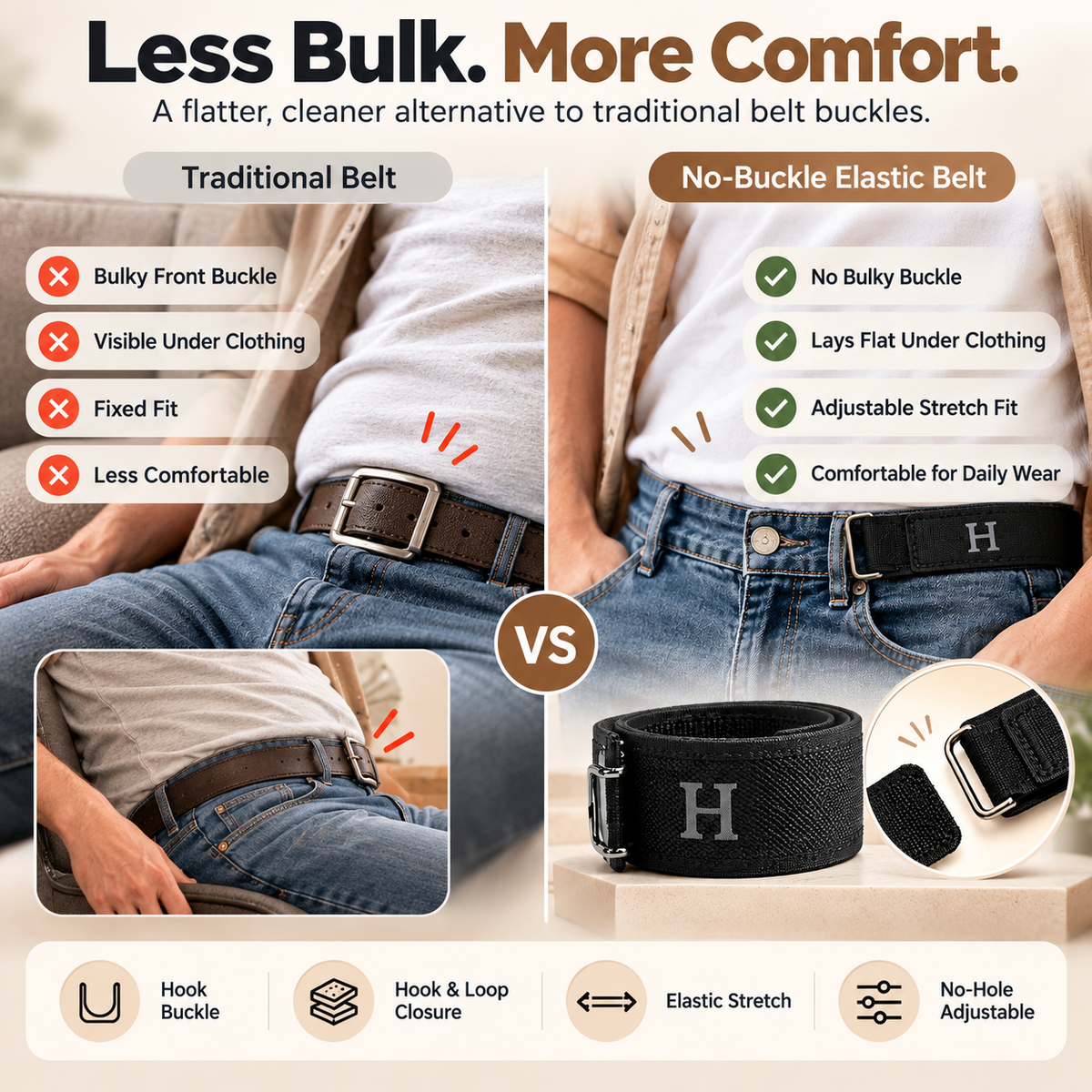 🎁Adjustable No-Buckle Elastic Belt with Metal Hook — Stretch Fit for Men & Women