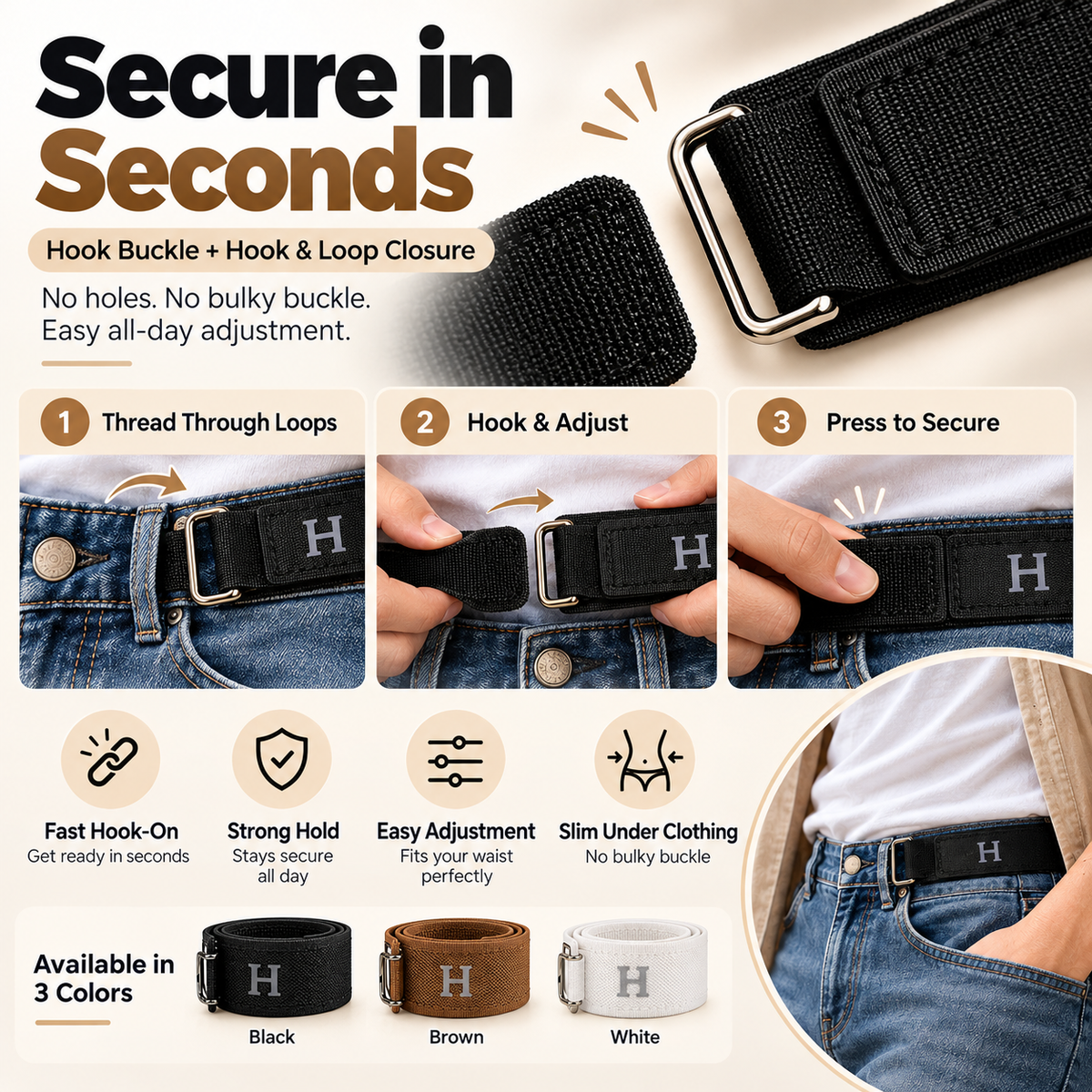 🔥 No More Bulky Buckles | Adjustable No-Buckle Elastic Belt with Metal Hook — Stretch Fit for Men & Women