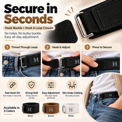 🎁Adjustable No-Buckle Elastic Belt with Metal Hook — Stretch Fit for Men & Women