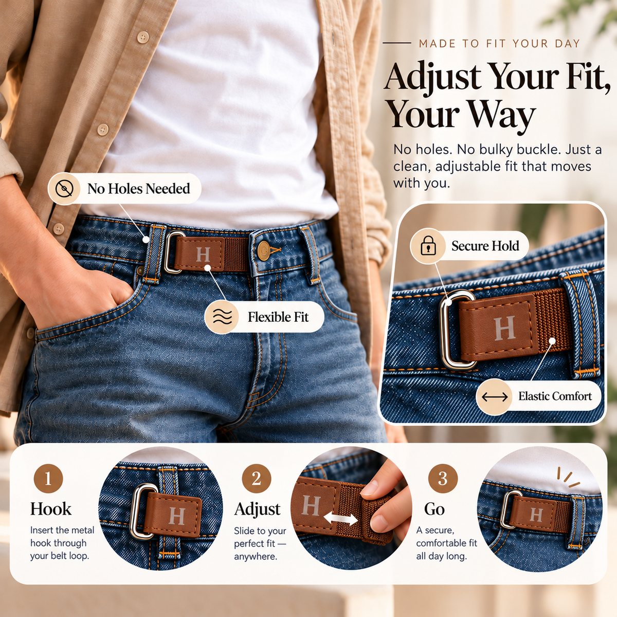 🎁Adjustable No-Buckle Elastic Belt with Metal Hook — Stretch Fit for Men & Women