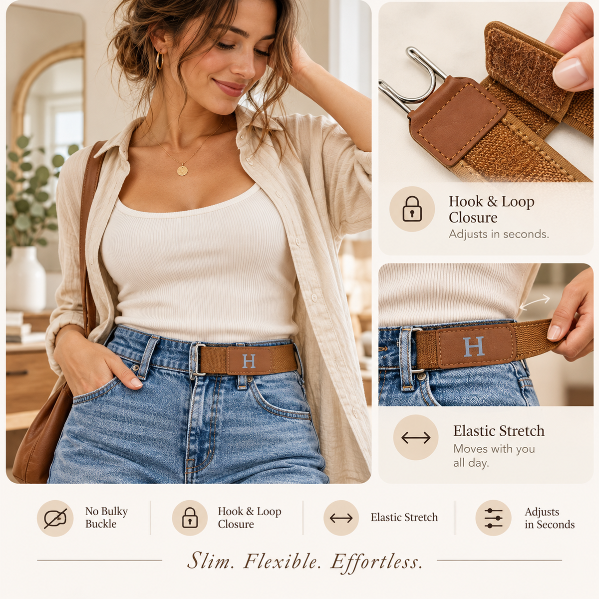 🔥 No More Bulky Buckles | Adjustable No-Buckle Elastic Belt with Metal Hook — Stretch Fit for Men & Women